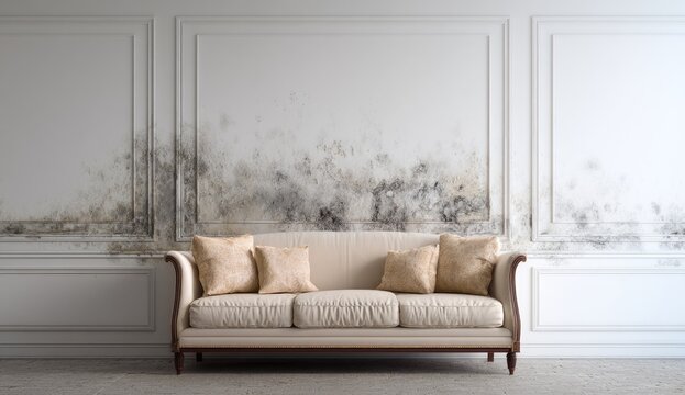 Ornate wall panels stained with dark mold above a plush couch