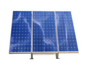 Array of three blue solar panels reflecting sky, mounted on metal supports