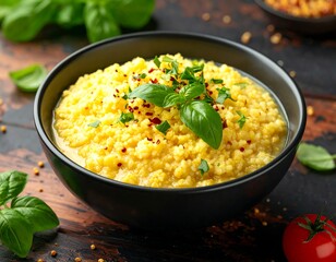 A vibrant bowl of yellow quinoa garnished with green herbs