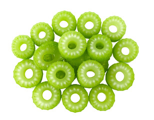 Fresh, vibrant green ring-shaped vegetable slices glistening with water droplets