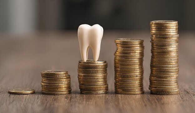 A single tooth sits atop a stack of coins, symbolizing dental costs