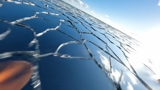 Sweeping conceptual aerial drone shot gliding low over a vast, seemingly infinite surface composed of large, randomly fractured mirror segments fractured mirror segments, no logos, complexity