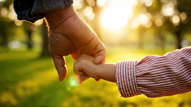 Close-up of adult and child holding hands in a park at sunset.