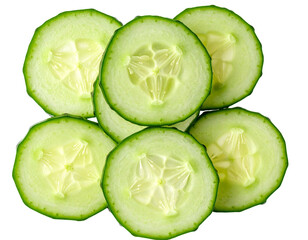 Fresh green cucumber slices arranged in a circular pattern on a dark background