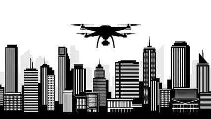 Drone flying over modern city skyline with skyscrapers and urban landscape in black and white