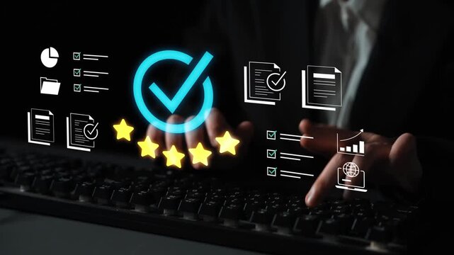 Business Professional Working on Computer with Digital Checkmarks and Icons Representing Efficiency, Productivity, and Quality Assurance in Modern Workspace Gluon.