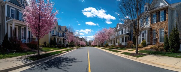 Obraz premium Tree-lined suburban street under a bright blue sky with fluffy clouds