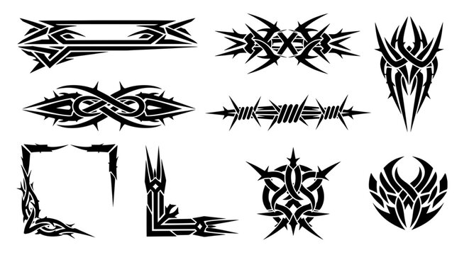 Black gothic tribal vector collection including sharp banners, stars, barbed wire, and intertwined thorn ornaments for Y2K streetwear design.