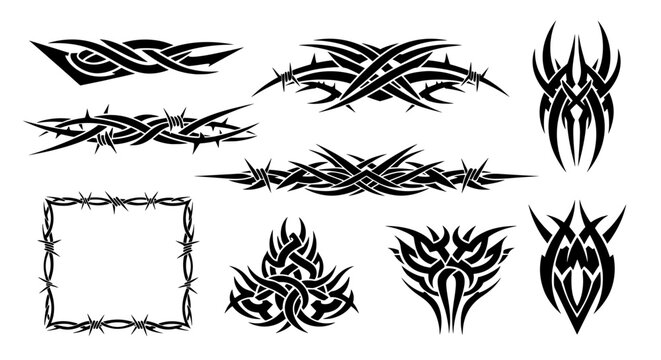 Black neo tribal vector collection featuring intertwined thorn shapes, barbed wire square frames, and gothic celtic knots for Y2K tattoo design