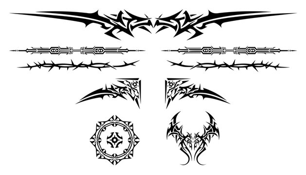 Black neo tribal tattoo vector collection featuring cyber gothic borders, sharp corners, and abstract ornament shapes for Y2K streetwear design