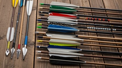Collection of assorted arrows with colorful fletching on a rustic wooden surface varying in size and design displayed neatly