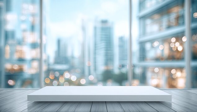 Empty white platform on wooden surface with blurry city view background