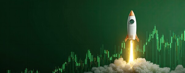 A stylized rocket blasts off from clouds against a green backdrop with rising chart lines