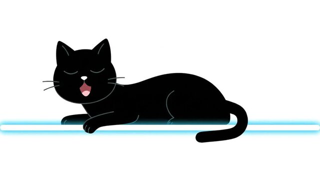 Black cat lying down relaxed with tongue out on a flat surface viewed from the side