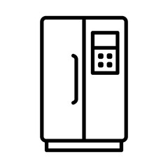 Smart refrigerator with touch screen, linear icon. Modern fridge, kitchen appliance, food storage and digital interface. Line with editable stroke