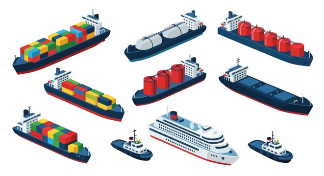 Isometric illustration of various commercial ships and harbor tugboats