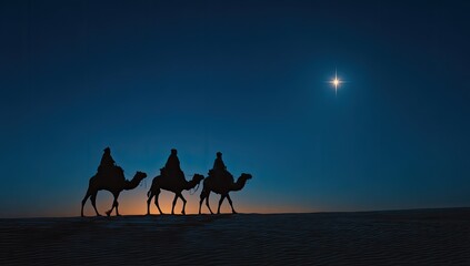 Silhouetted figures on camels beneath a star at dusk in a desert