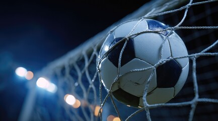A soccer ball is caught in a net, illuminated by stadium lights at night