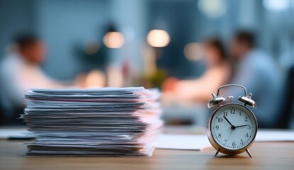 Stack of documents and clock on desk in dimly lit office with blurred people