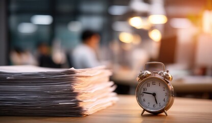 Alarm clock on desk beside tall stack of papers in blurry office