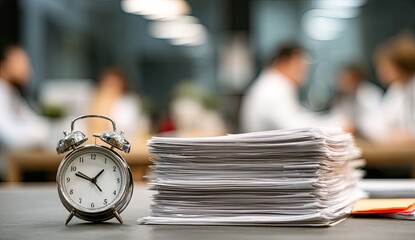 Retro alarm clock and large stack of documents on a desk