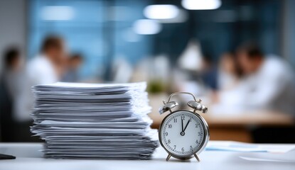 Stack of papers and an alarm clock on a desk in a busy office