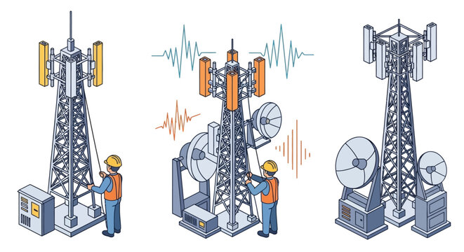 Cell towers showing signal transmission and maintenance workers performing repairs