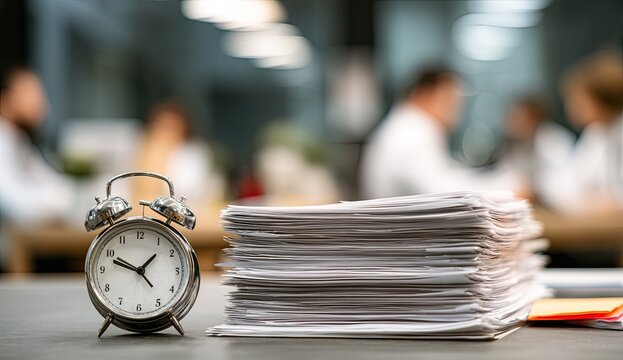 Retro alarm clock and large stack of documents on a desk