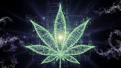 Glowing green cannabis leaf with neon grid lines and radiant beams on dark background with abstract patterns