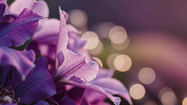 Close-up of purple clematis flowers with bokeh lights.