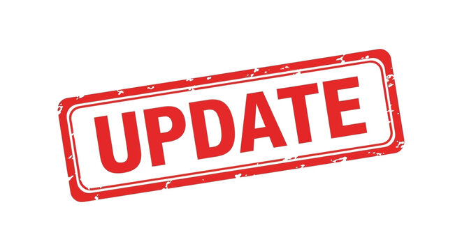 A rectangular red stamp displaying the word update in bold uppercase lettering signifying change or modification high quality