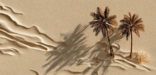 Rippled sand dunes form abstract shapes around two palm trees in a desert