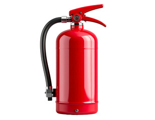 Vibrant red fire extinguisher with black hose against a stark black background
