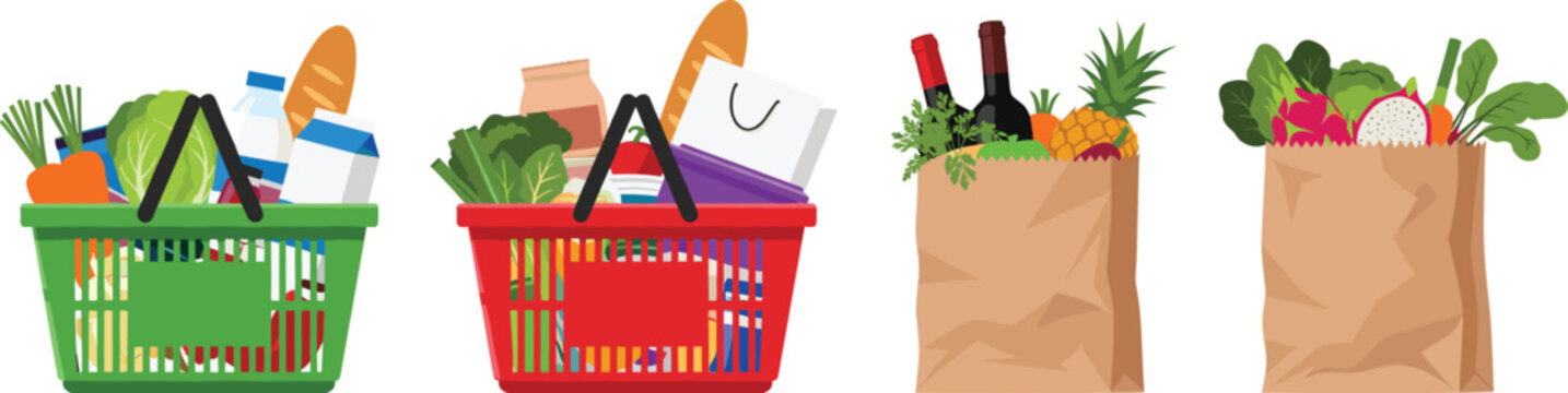 Grocery Shopping Vector Illustration with Baskets and Paper Bags Filled with Food and Produce for Retail Supermarket Delivery and Consumer Design Projects