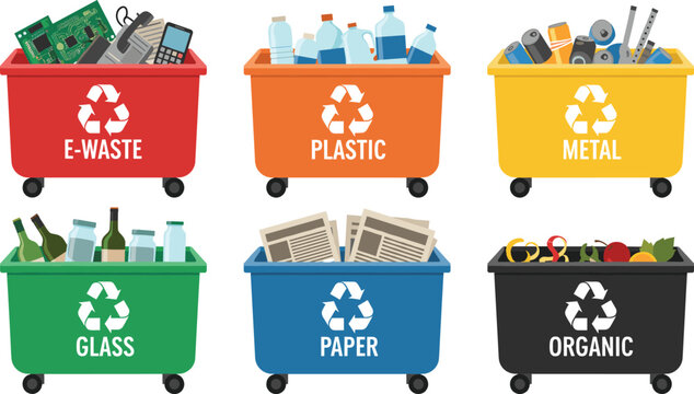 Recycling Bins Vector Illustration Set with Waste Separation for Plastic Metal Glass Paper Organic and Electronic Trash Management Designs