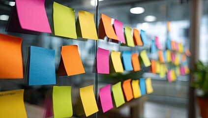 Rows of colorful sticky notes attached to a glass wall in an office