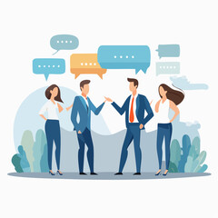 Corporate Discussion Flat Vector Illustration With Abstract People and Interactive Speech Bubbles