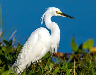 A white bird with a yellow patch and black beak