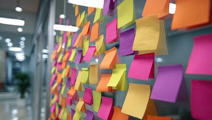 Colorful sticky notes clutter a glass wall in a modern office environment
