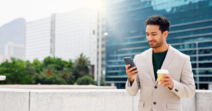 Businessman, phone and coffee with texting in city, rooftop and good news for real estate deal with smile. Person, smartphone and property investor with mobile app, happy or contact for building sale