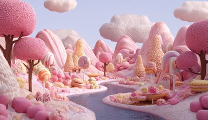 Whimsical candy land with flowing river, lollipop trees, and marshmallow hills