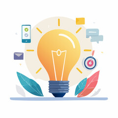 Flat Vector Illustration of Modern Startup Innovation With Light Bulb and Abstract Creative Ideas