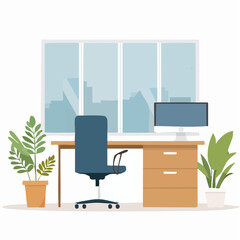 Modern Office Interior Flat Vector Illustration With Empty Workspace, Desk, Chair and Window