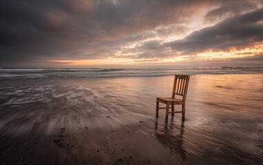 Solitary wooden chair facing ocean with dramatic sunset clouds