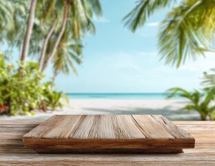 Weathered wooden platform set against a tropical beach scene