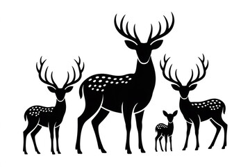 Naklejka premium A black and white silhouette illustration of a family of deer standing together.