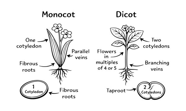 Monocot and dicot plant comparison diagram