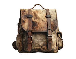 Weathered canvas and leather backpack with antique buckles and straps