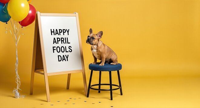 French bulldog sitting on a stool beside a wooden sign that reads Happy April Fools Day, surrounded by colorful balloons and festive decorations, celebrating the spirit of humor and fun
