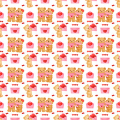 Obraz premium A delightful seamless pattern features adorable watercolor teddy bears holding hearts and love letters, perfect for romantic Valentine's Day designs and charming decorative backgrounds.